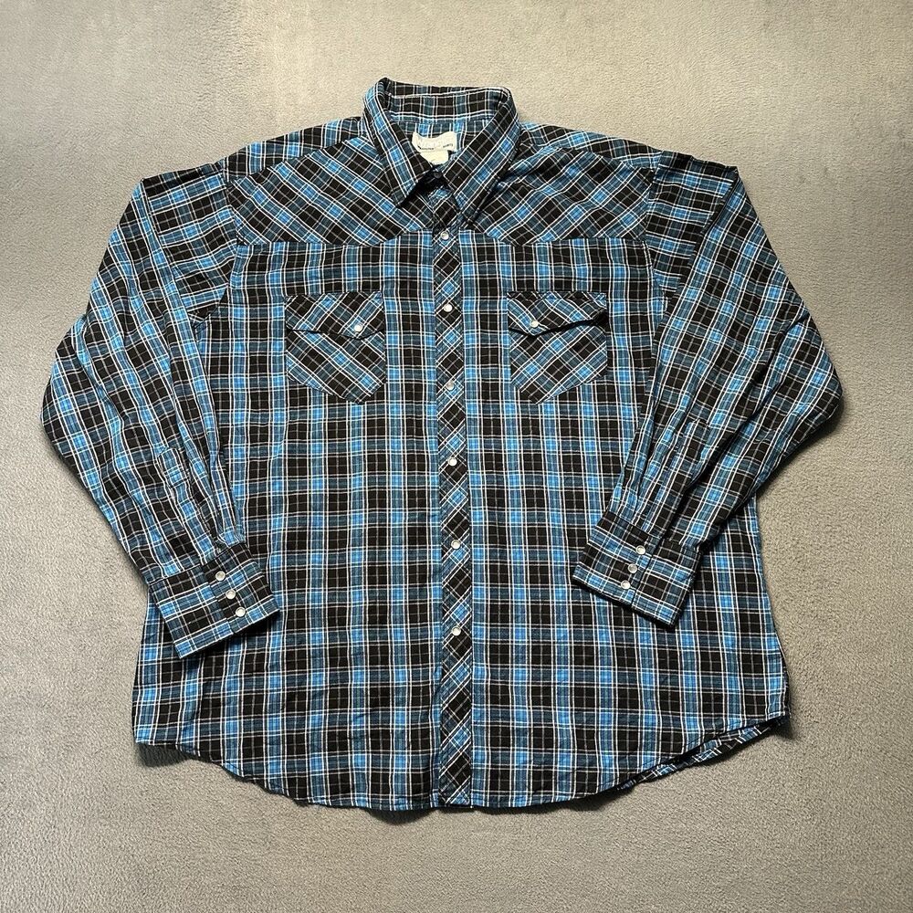 Wrangler Mens 2X Western Shirt Blue Plaid Pearl Snap Long Sleeve Cowboy Rancher